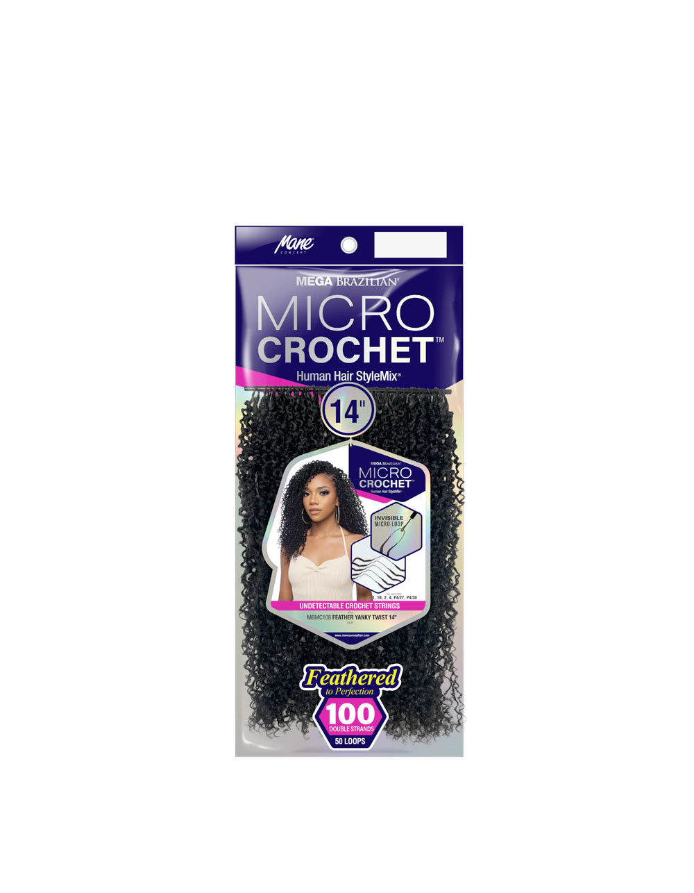 Mane Concept Human Hair Stylemix Braids Mega Brazilian Micro Crochet Strings MBMC108 Feather Yanky Twist 14"