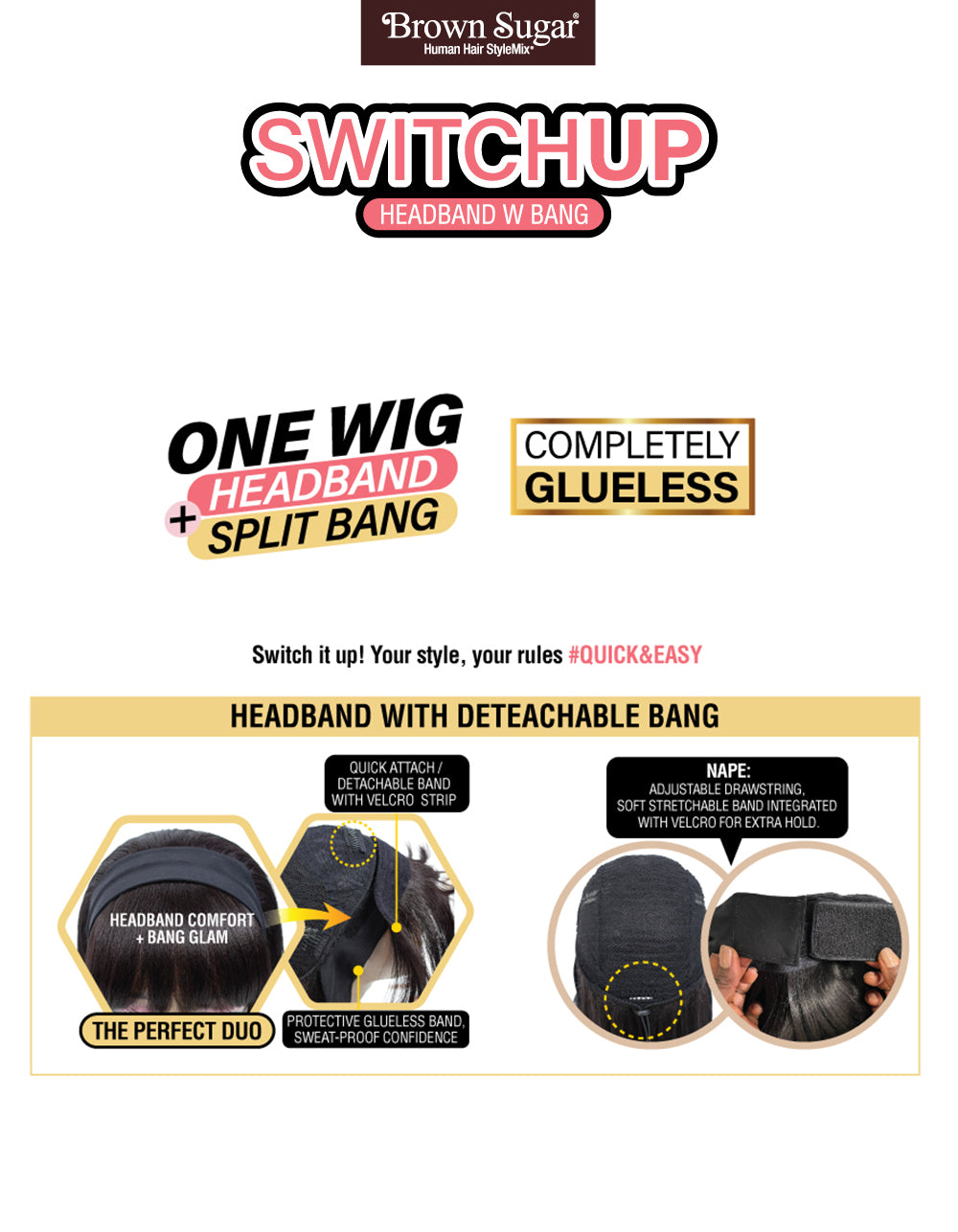 [Brown Sugar] Human Hair Blend Switch Up Headband Wig Glueless Split Bang - BSSU102 Switch Up 02