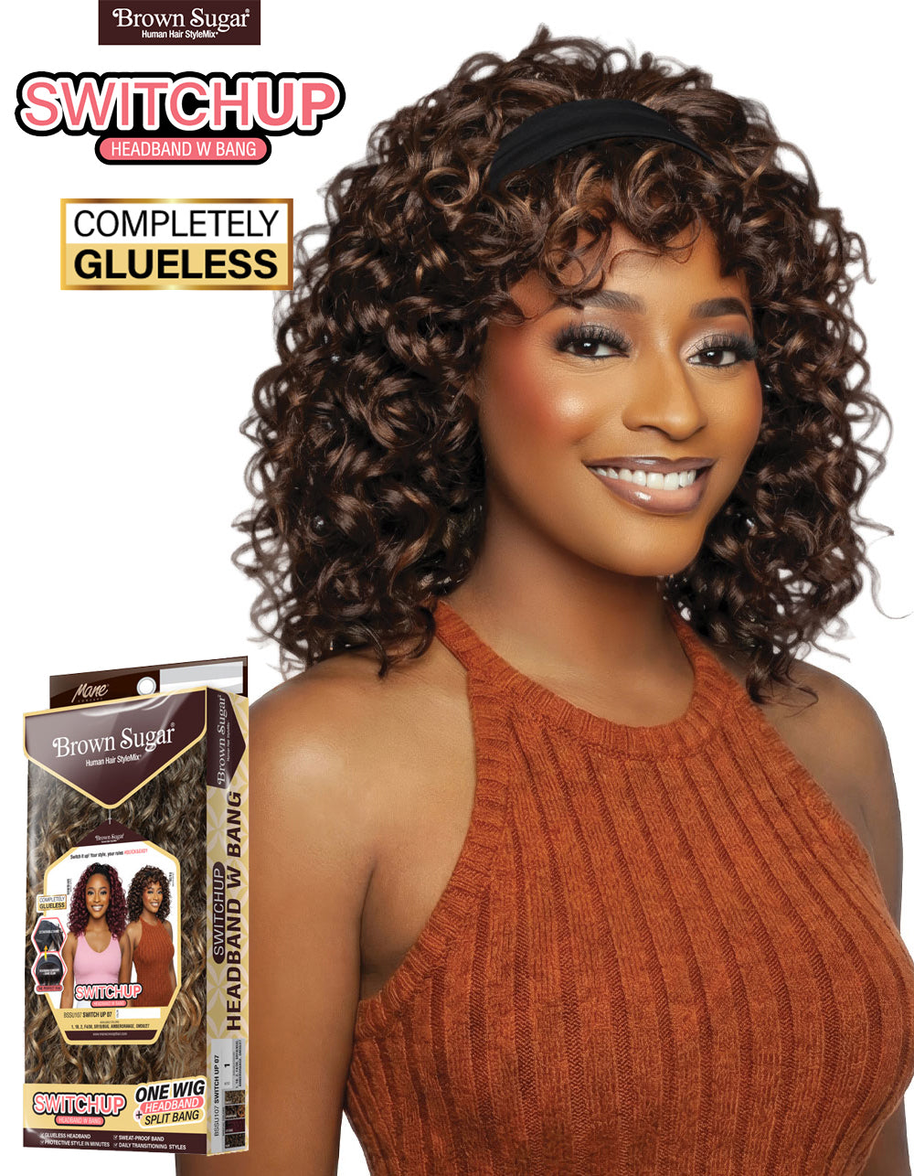 [Brown Sugar] Human Hair Blend Switch Up Headband Wig Glueless Split Bang - BSSU107 Switch Up 07